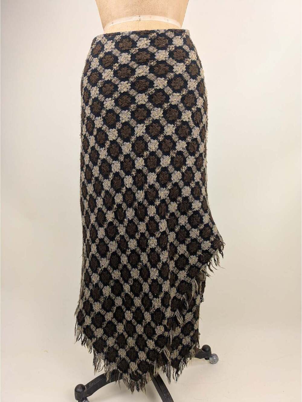 1990's wool brown black textured fringe asymmetric skirt